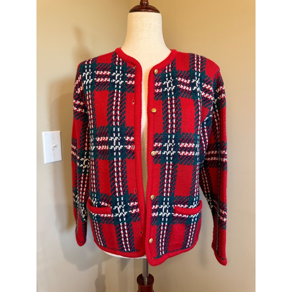 Kim Rogers‎ Petite Red Plaid Button Front Cardigan Sweater Women P/M